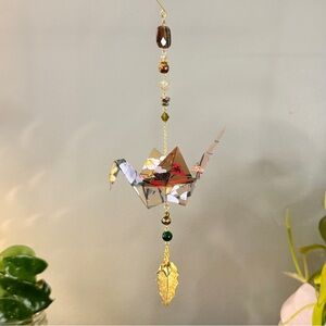 Origami Ornament #2382 - Large Crane with Leaf Pendant